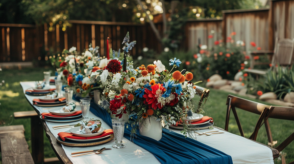 Table Decorations for 4th of July with vibrant flowers and settings.