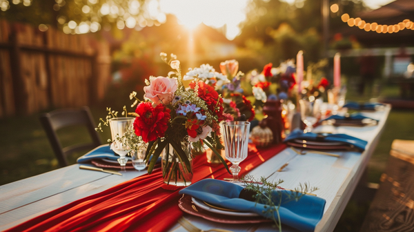 Table Decorations for 4th of July, warm evening sunlight over table.