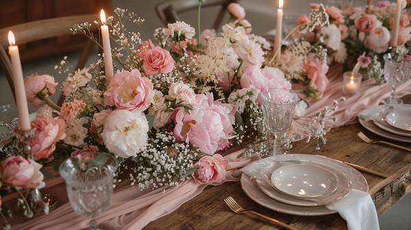 Warm Mother’s Day Decoration Ideas featuring pink roses, gold trim.