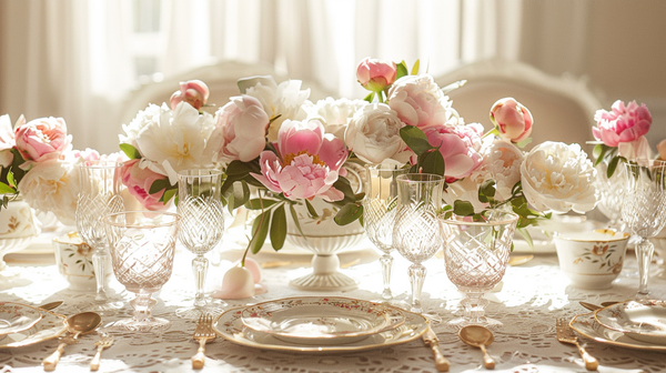 Peony-adorned luncheon, chic Mother’s Day event ideas.