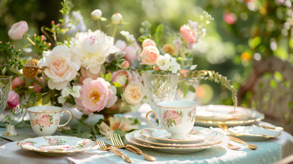 Garden-style Mother's Day brunch with vintage cups.