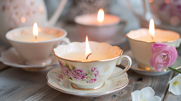 Teacup candles as delicate spring table decorations.