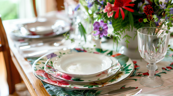 Artistic table mats as part of a spring table decorations setup.