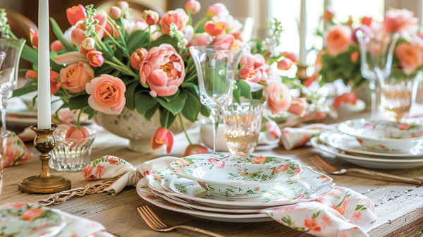 Elegant table setting with spring floral patterns and blooms.