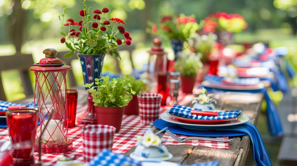 "Colorful 4th of July table with red and blue accents in a garden setting.