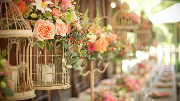 Birdcage floral arrangements as whimsical spring table decorations.