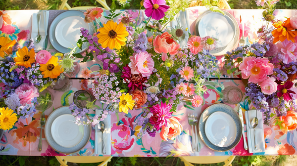 Colorful floral Mother's Day brunch table setting ideas