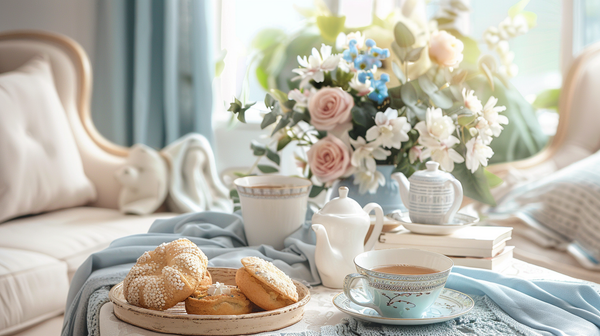 Tea and books corner, Mother's Day party ideas comfort.