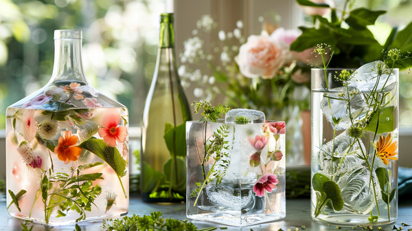 Floral ice buckets as spring table decorations in sunlight.