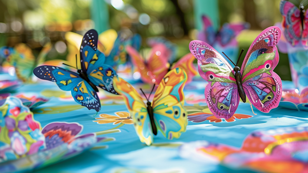 Vibrant spring themes and butterflies on a sunlit table.