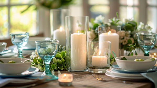Nature inspired candles in a spring table decoration setup