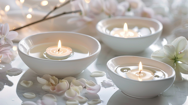 Elegant Mother’s Day Decor: white bowls, floating candles, and scattered petals.