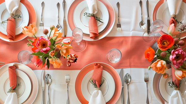 Fresh spring table decorations with orange florals and coral accents