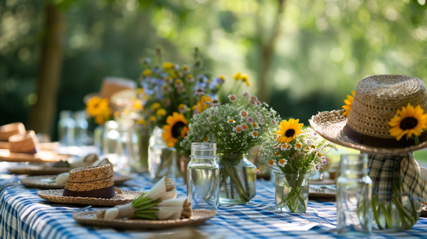 Relaxed country garden party with spring themes decor.