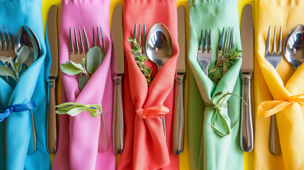 flatware display in many colors on a spring table decorations setup