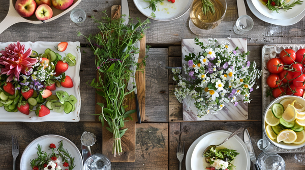 Spring time table decor with edible garnishes.