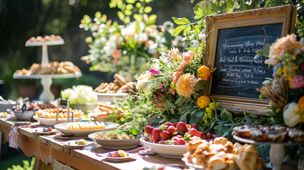 Rustic buffet with spring table decorations and a menu board.