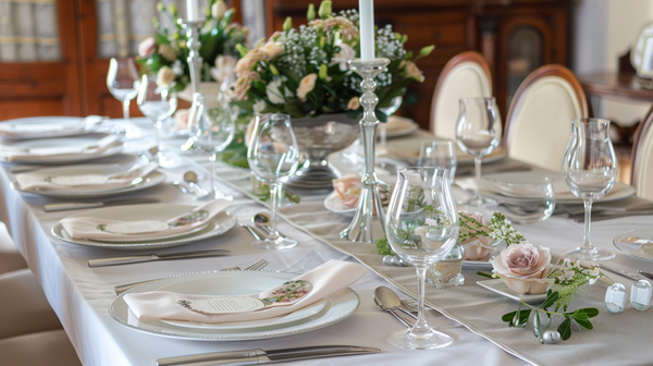 Elegant spring table decorations with flowers and candles.