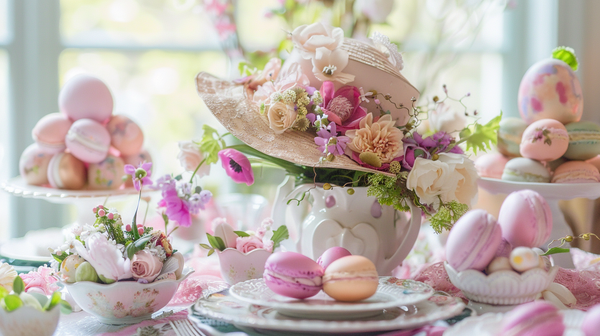 Easter Table Setting Featuring A Easter Bonnet Display