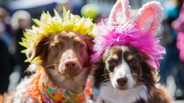 Two dogs dressed up for a easter pet parade