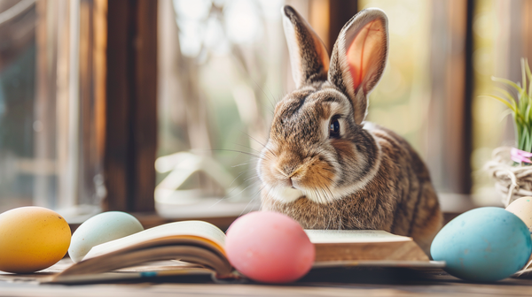 Rabbit read a book with an easter theme