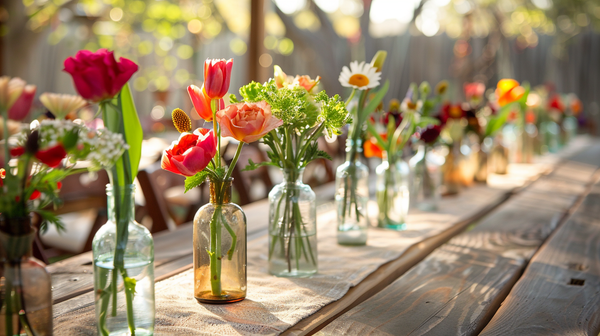 Floral mix in bottles for Mother’s Day Decoration ideas.