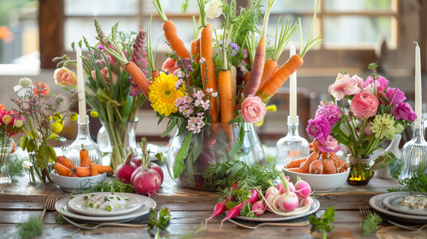 Vibrant spring table decorations with edible vegetable bouquets.