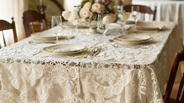 Chic Mother’s Day Decor with lace tablecloth and floral centerpiece.