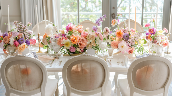 An elegantly spring table decorations tablescape featuring a bright and airy room.