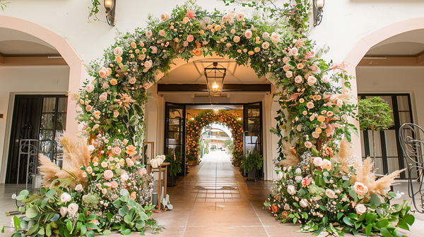 Floral archway entryway for Mother's Day decoration ideas.