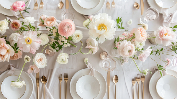 Mother’s Day table with gold-rimmed plates and floral centerpiece.