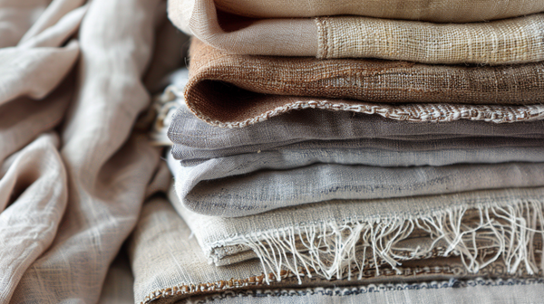 Stacked linen textiles for Mother's Day decoration ideas.