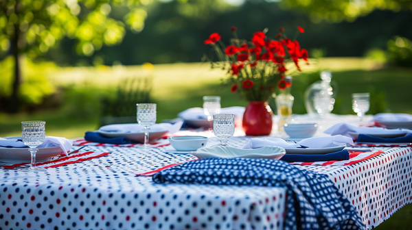 4th of July outdoor table setting with bright tablecloth and floral centerpiece.