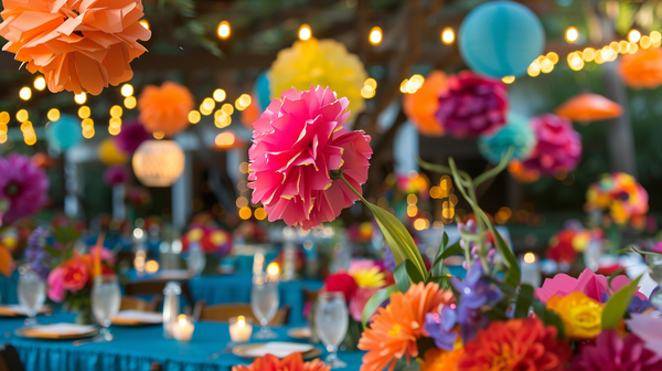 Colorful fiesta with lively spring themes and paper flowers.