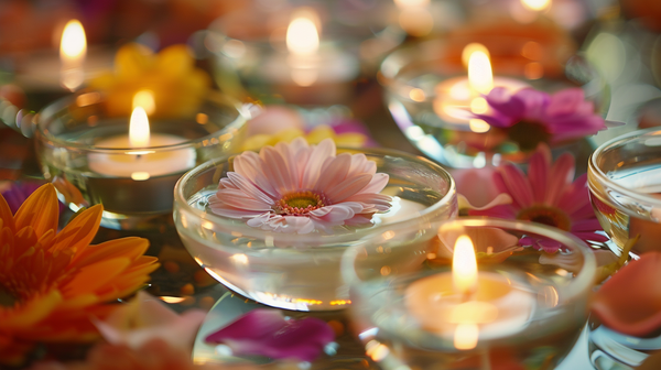 Floating candles and flowers as spring table decorations.