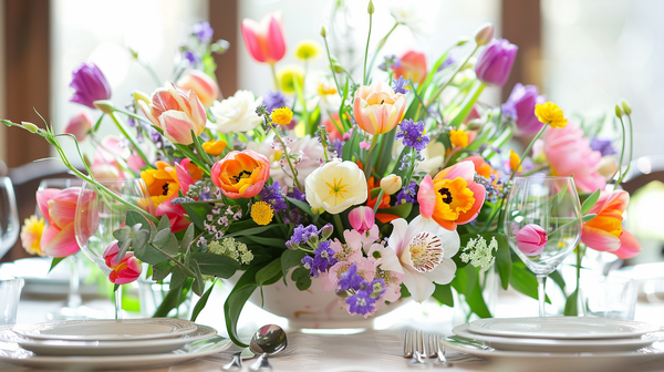 brightly colored spring table decoration in a floral centerpiece
