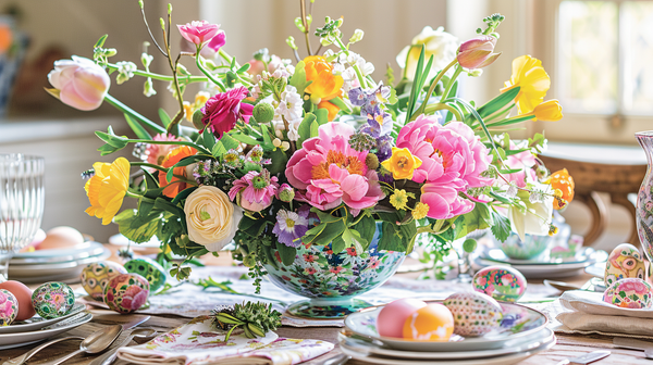 Floral Easter Table Setting With Flower Themed Decor