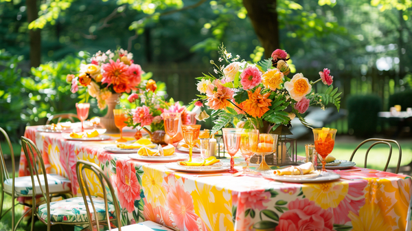 Outdoor feast with spring themes and vibrant tableware.