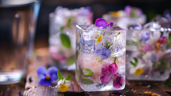 Floral ice cubes adding charm to spring table decorations.