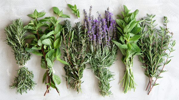 Fragrant herb bouquets for a spring table decorations setup.