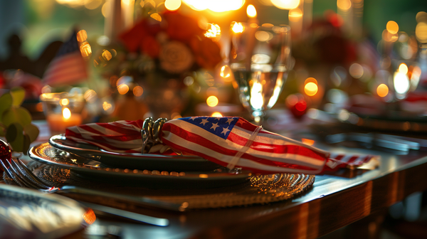 Festive 4th of July table setting with American flag napkin.