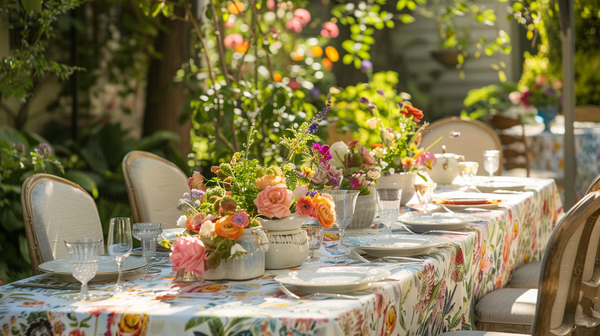 Alfresco dining with spring themes and floral tablecloth.