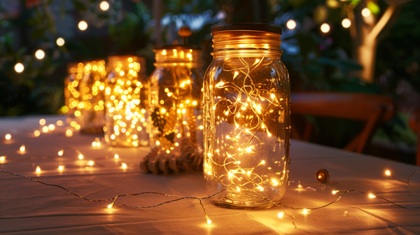 Evening glow with Mother’s Day Decor jars and fairy lights on a table.