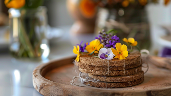 Hand-crafted coasters on a spring table decorations setup.