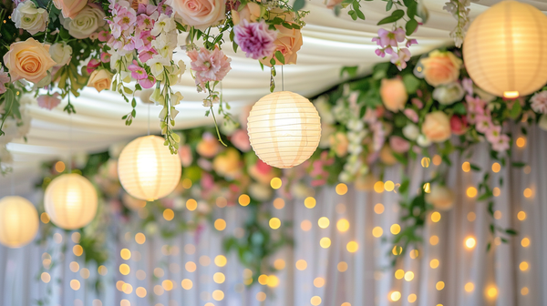 Spring table decorations with hanging lanterns and rose garlands.