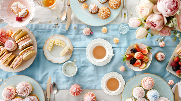Mother’s day party ideas with cakes and tea on table.
