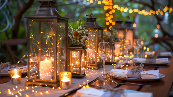 Outdoor spring table decorations with lanterns and fairy lights.