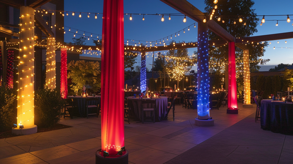 4th of July celebration with illuminated flag columns and lights.