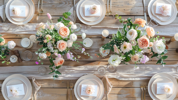 Mother’s Day Decor with vibrant flowers and rustic table.