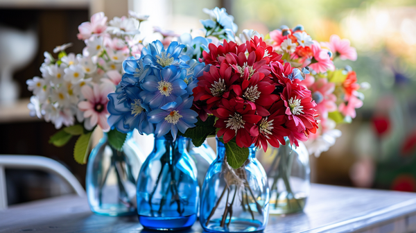Colorful 4th of July themed flower arrangements in blue vases.